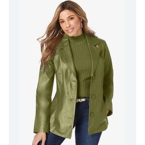 NWT Jessica London Moss Green Genuine Leather Blazer Jacket Plus 30W 3X